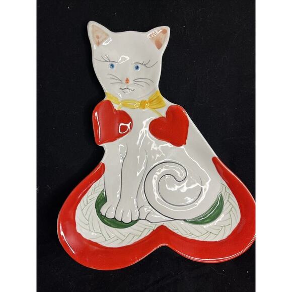 Porcelain Cat Shape With Red Hearts Hand Painted Tray/Dish Made in Italy #7145 - Picture 2 of 8